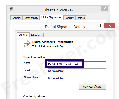 Screenshot of the Funai Electric Co., Ltd. certificate